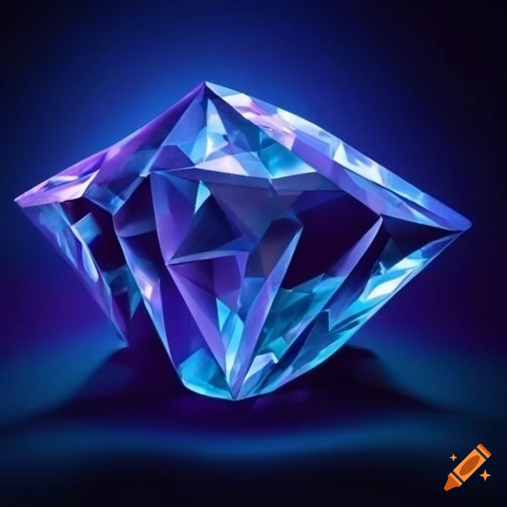 Abstract glass sculpture with diamond-like angles in blue-purple-grey gradients