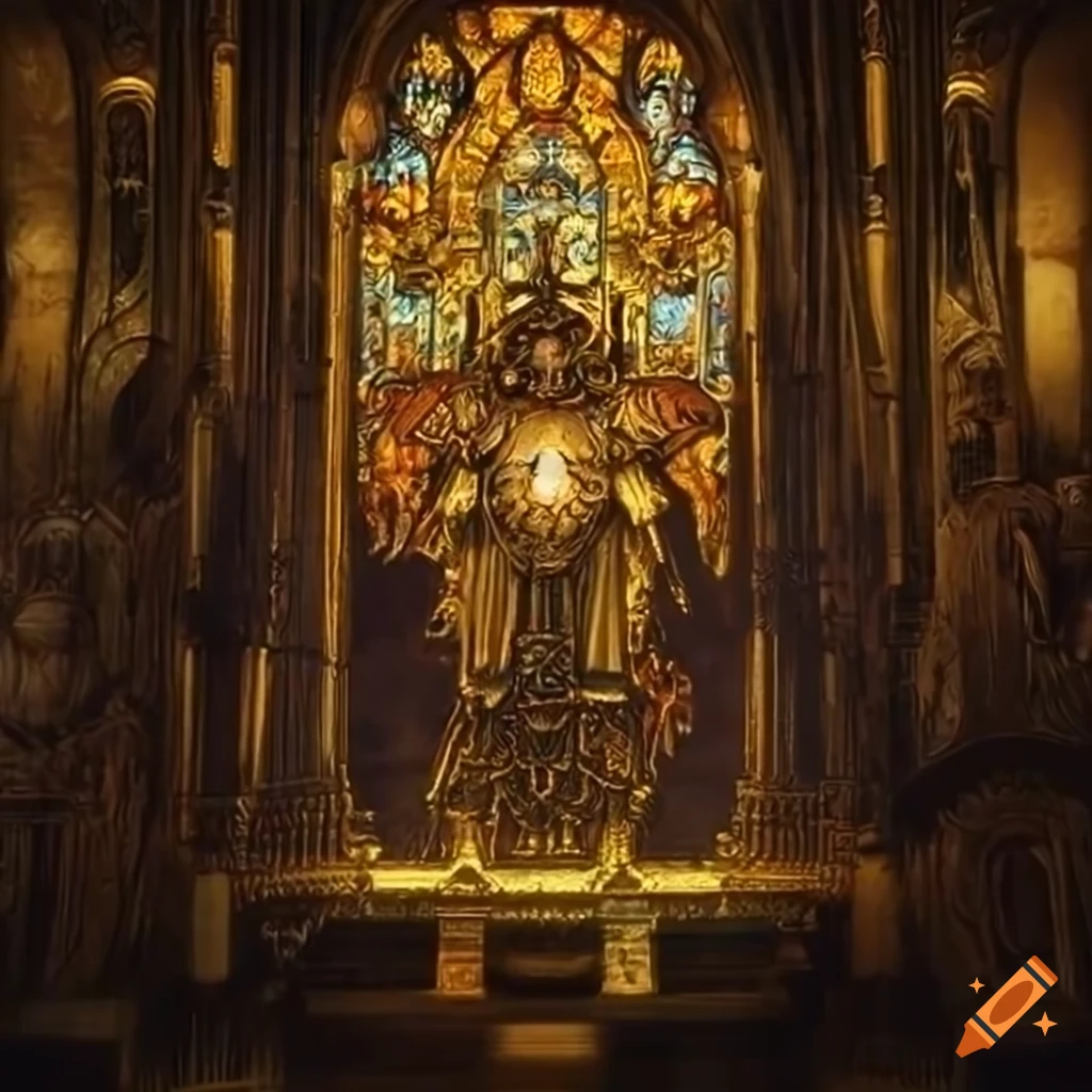 Intricate stained glass depiction of the Warhammer 40000 God-Emperor of Mankind