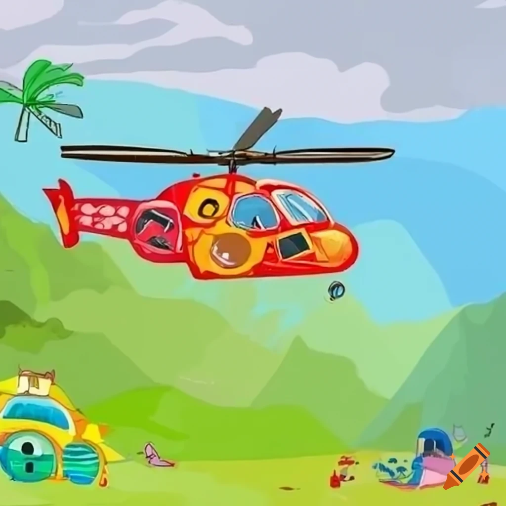 Children's drawing template of a mountain, gorge, and rescue helicopter