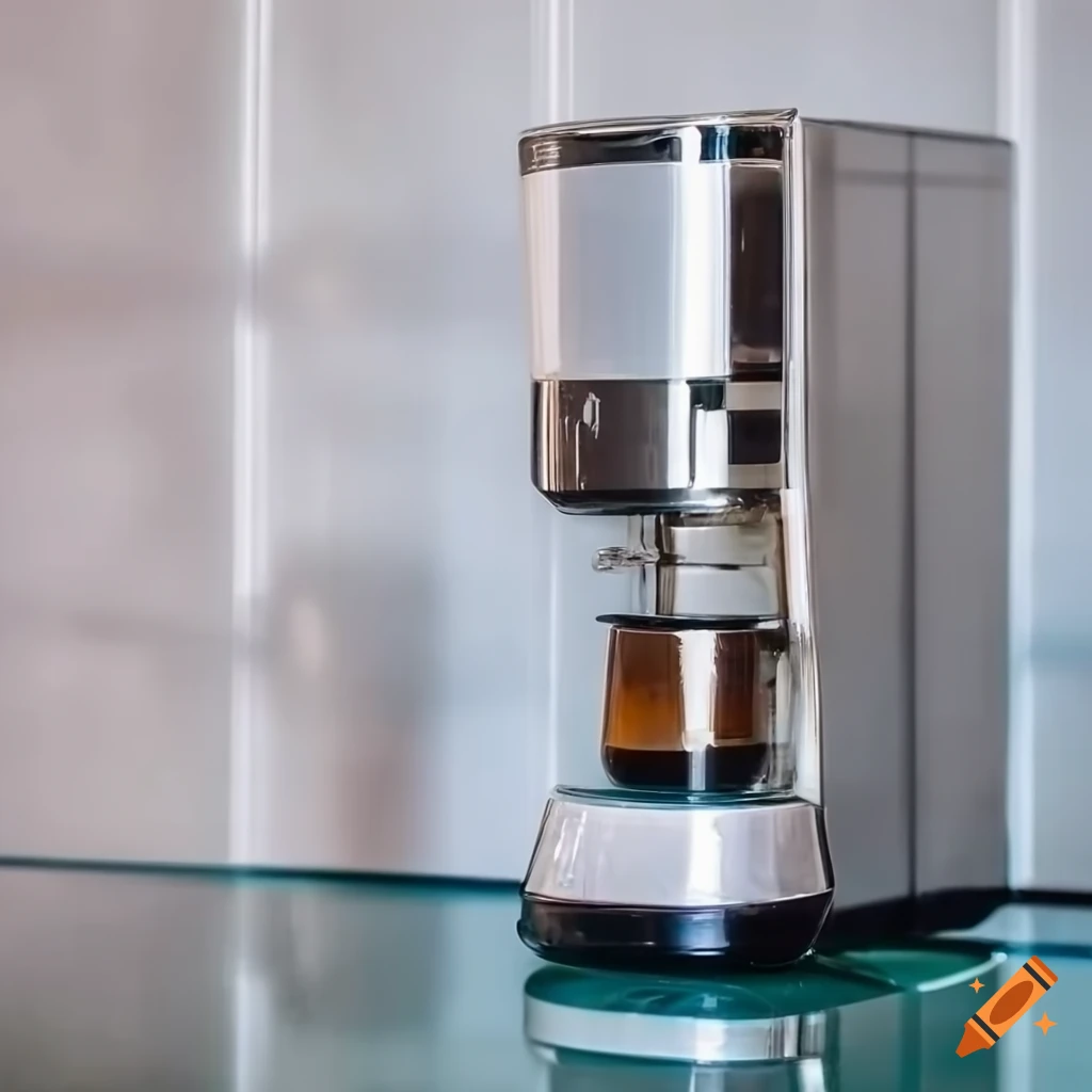 Modern futuristic coffee maker on glass table with ceramic wall background