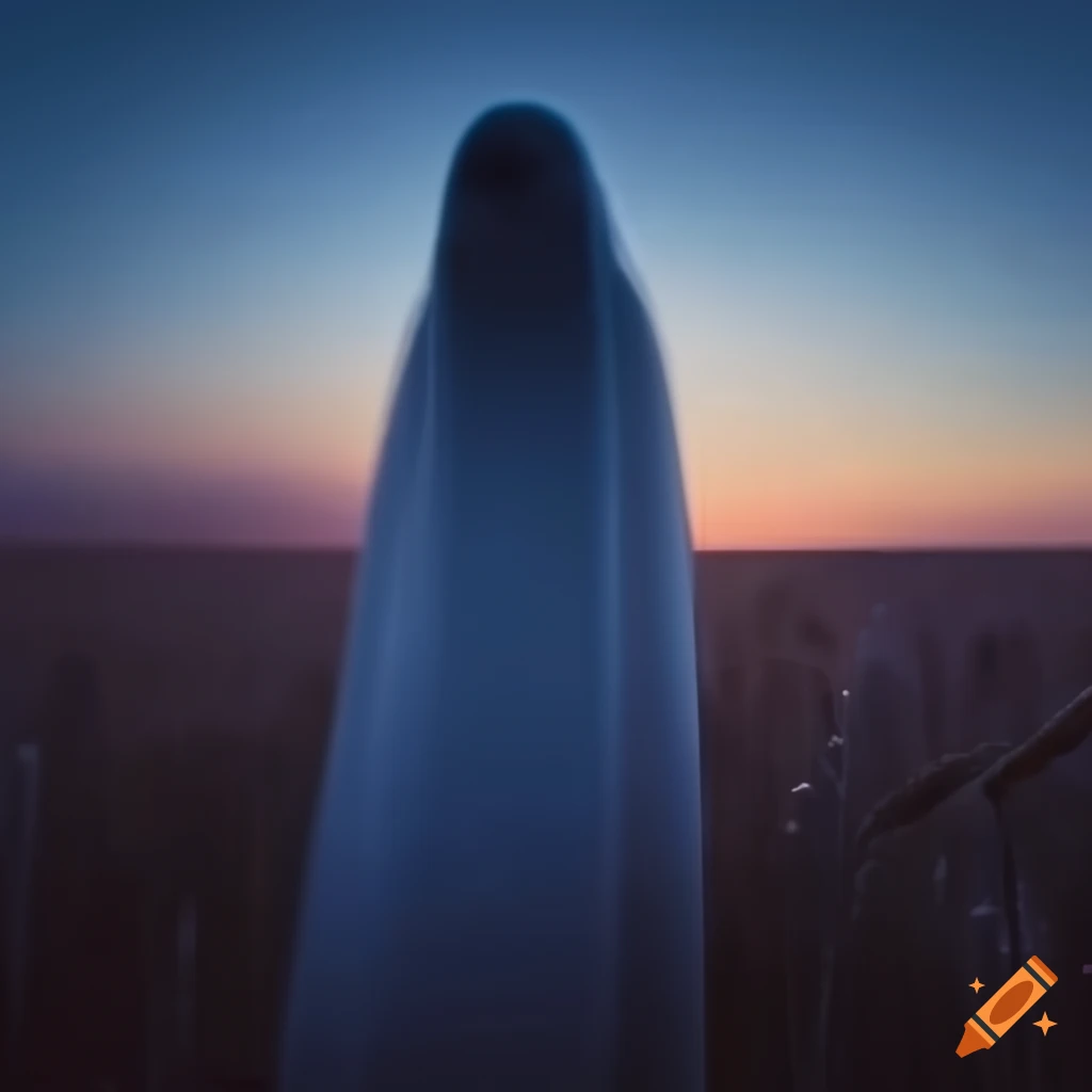 Ghost standing at the edge of a wheat field in the dusk light