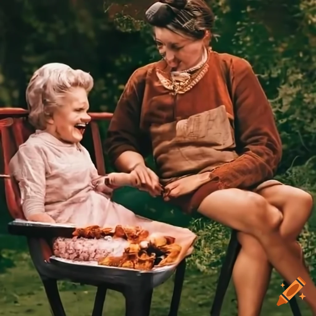 1950s woman and child cooking barbecue in a garden while a man sleeps in a chair