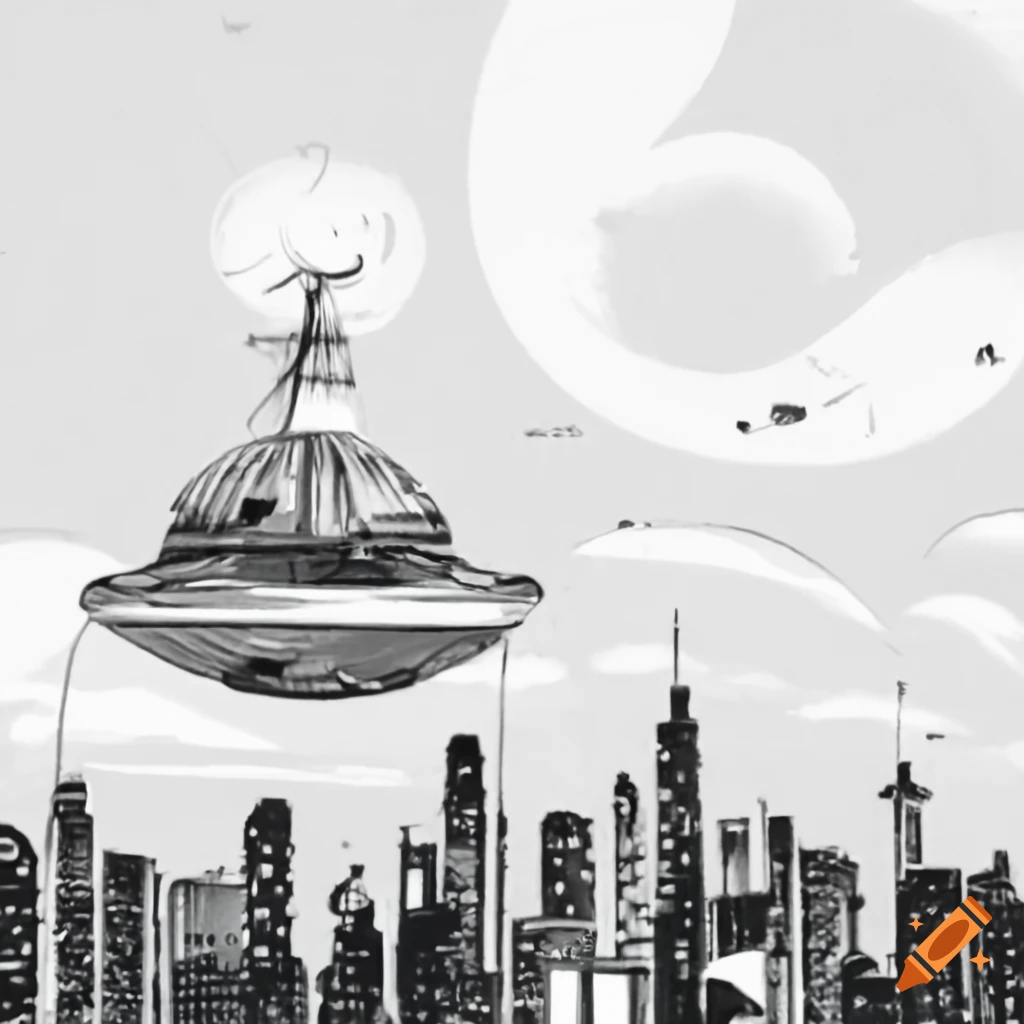 Flying saucer above city with shocked crowd of people