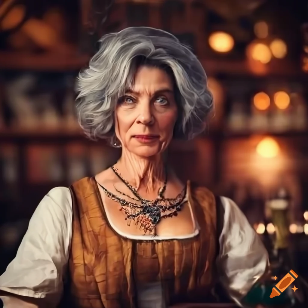 Middle-aged woman in traditional tavern garb serving customers in a cozy pub