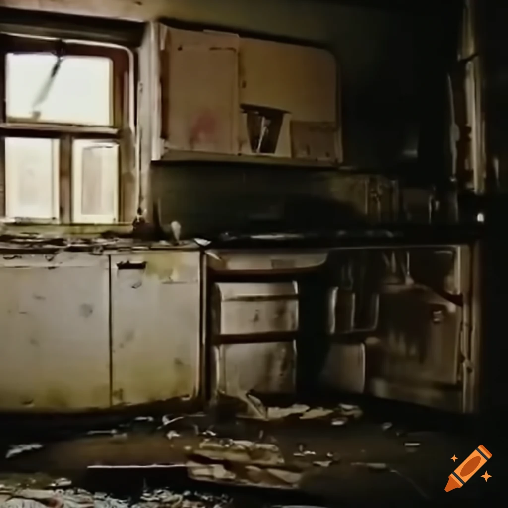 Abandoned, dirty, old kitchen with a greasy appearance captured in VHS style footage