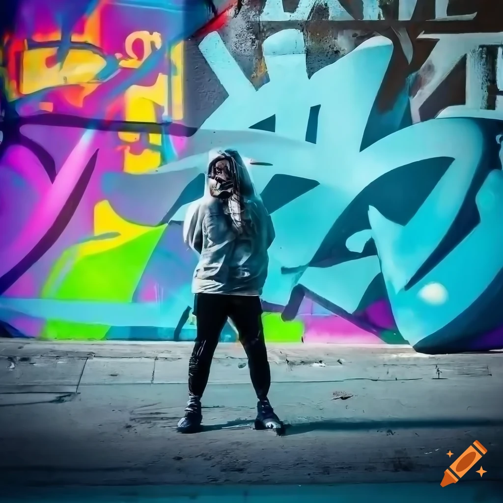 Person in layered street style against a vibrant graffiti wall