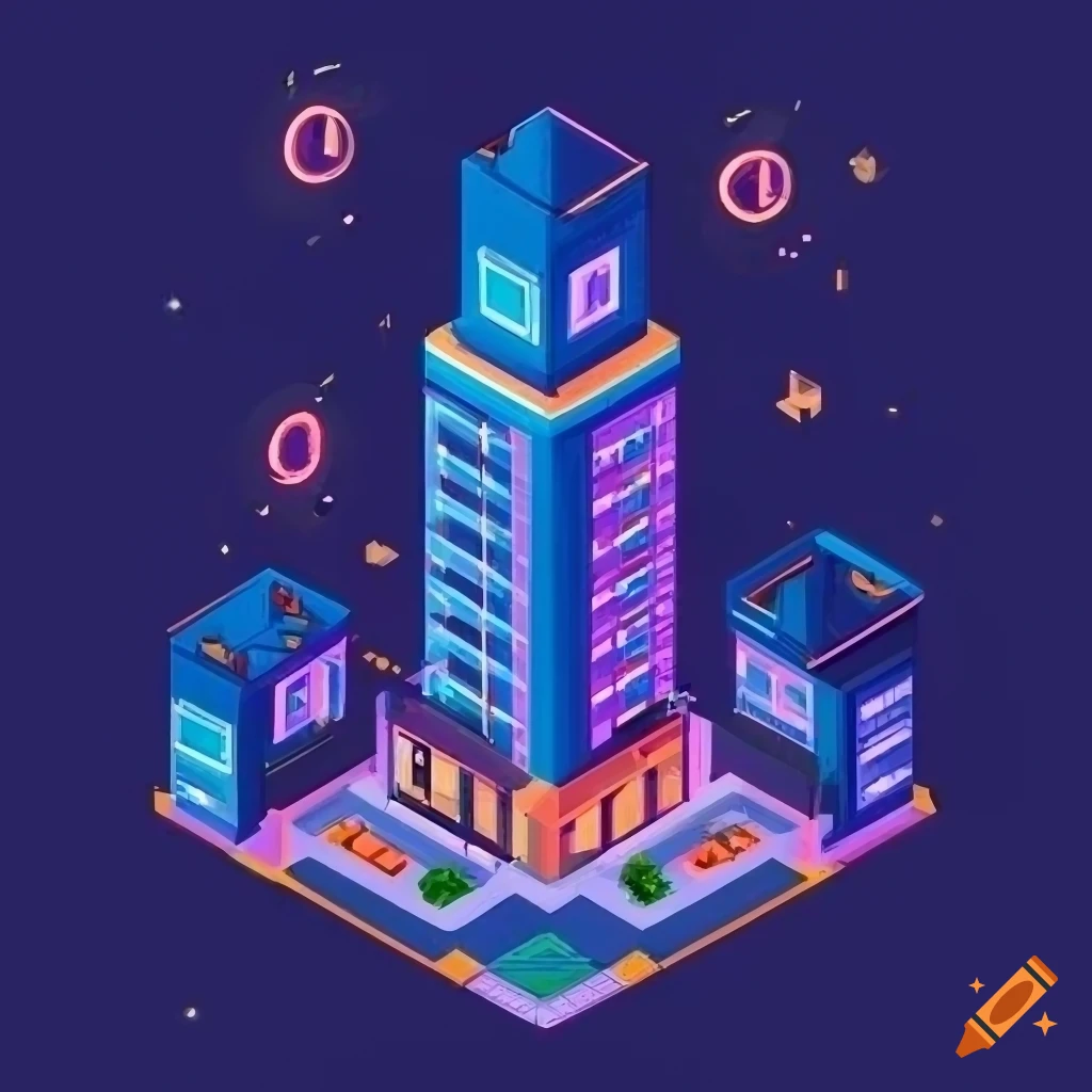 Isometric view of a cityscape with neon lights under a night sky