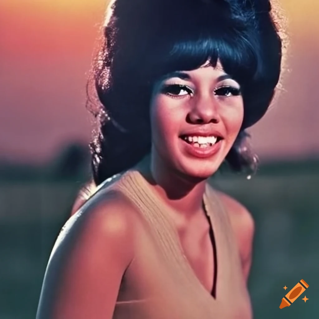 Estelle Bennett of The Ronettes in a sunset setting with wildflowers