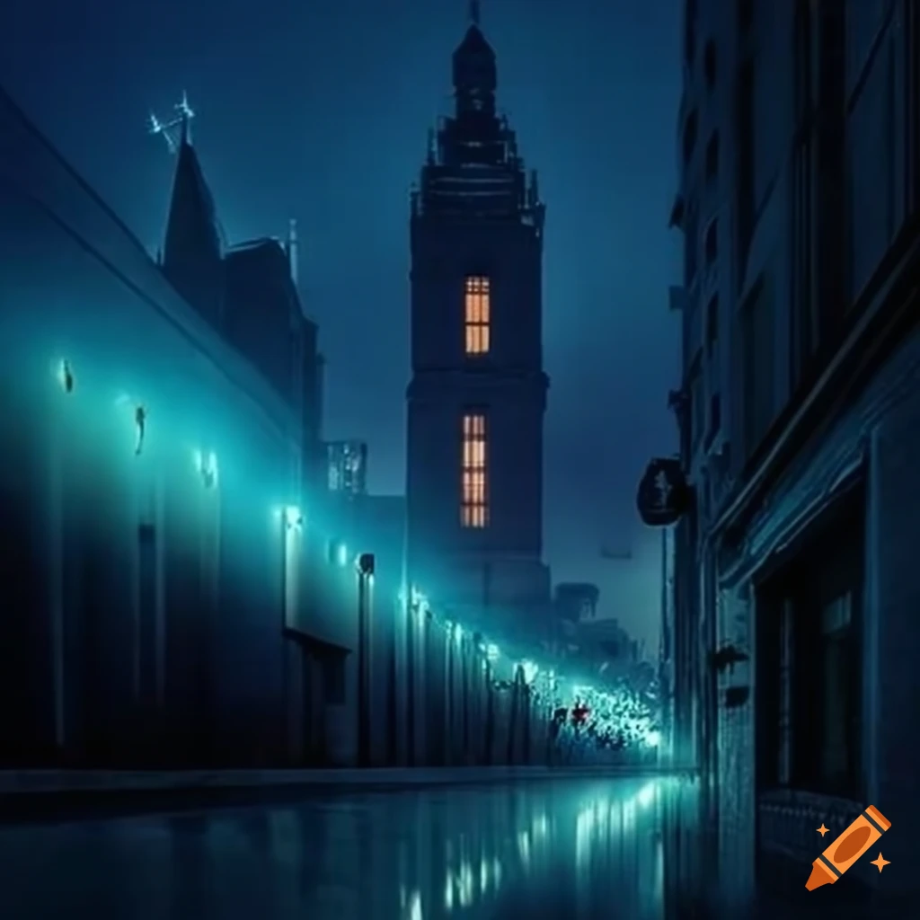 Dream city illuminated by fantastic streetlights casting amazing shadows