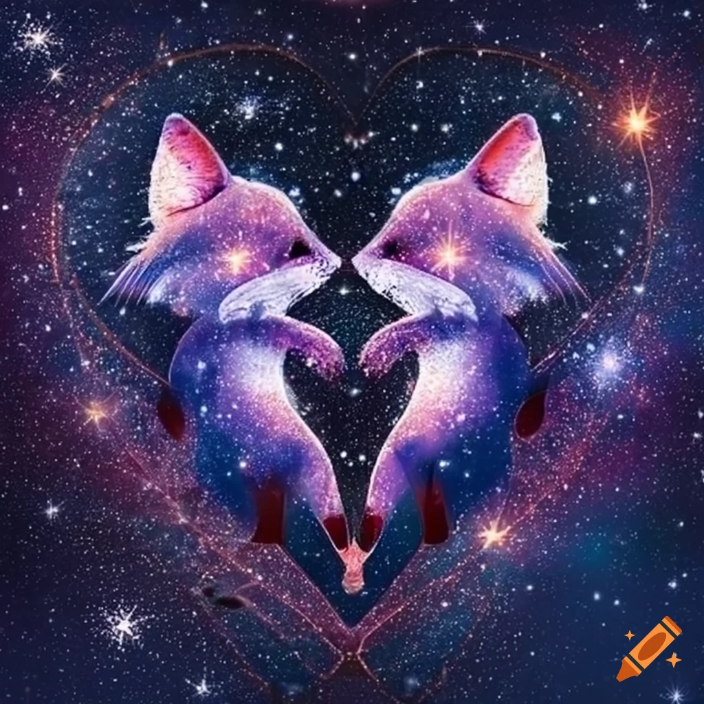 Star constellation of twin foxes in a heart shape