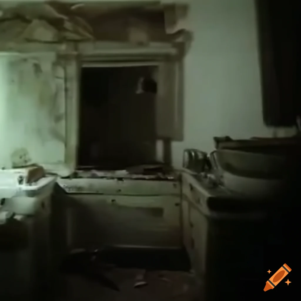 Abandoned, dirty, old kitchen with a greasy appearance captured in VHS style footage