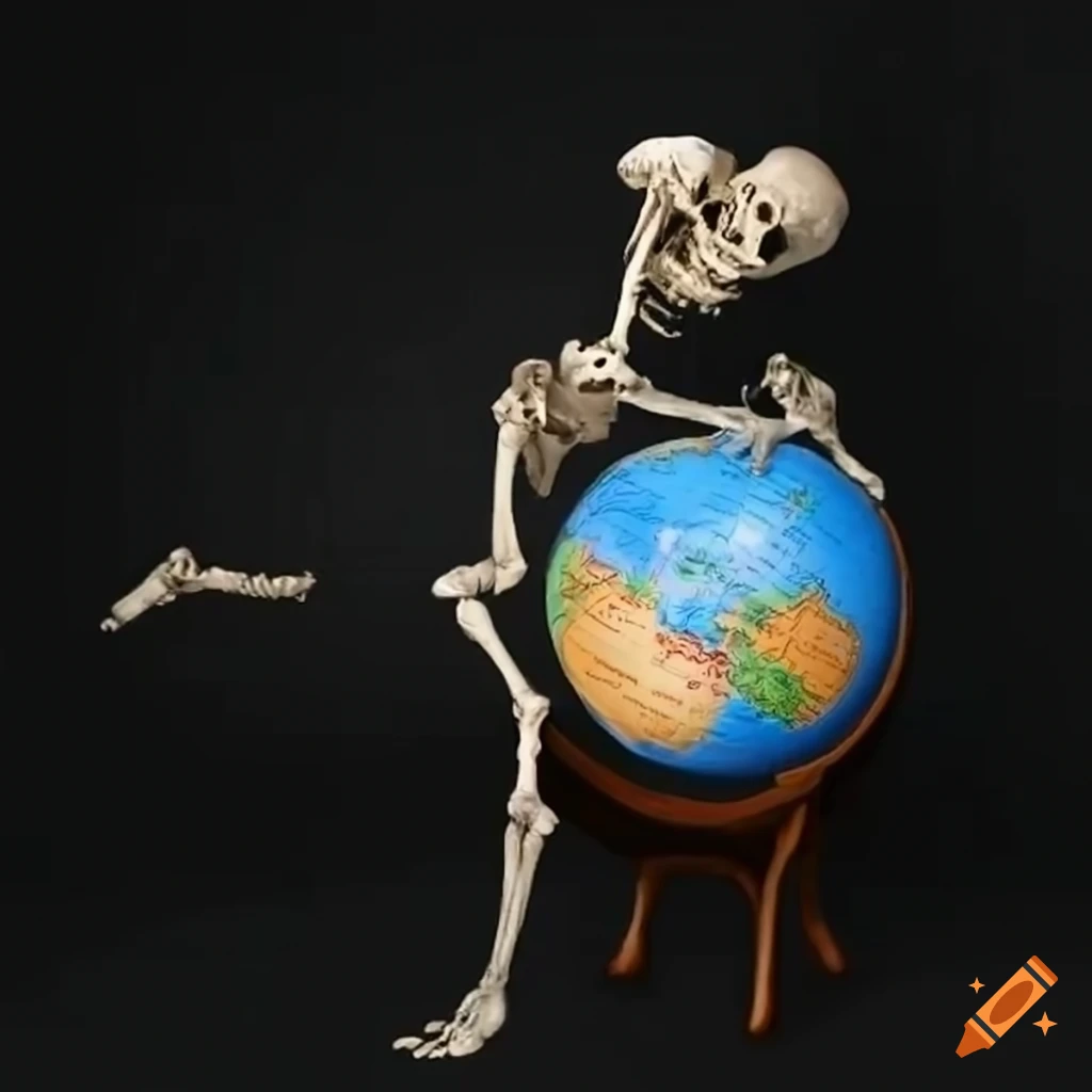 Skeleton embracing a globe