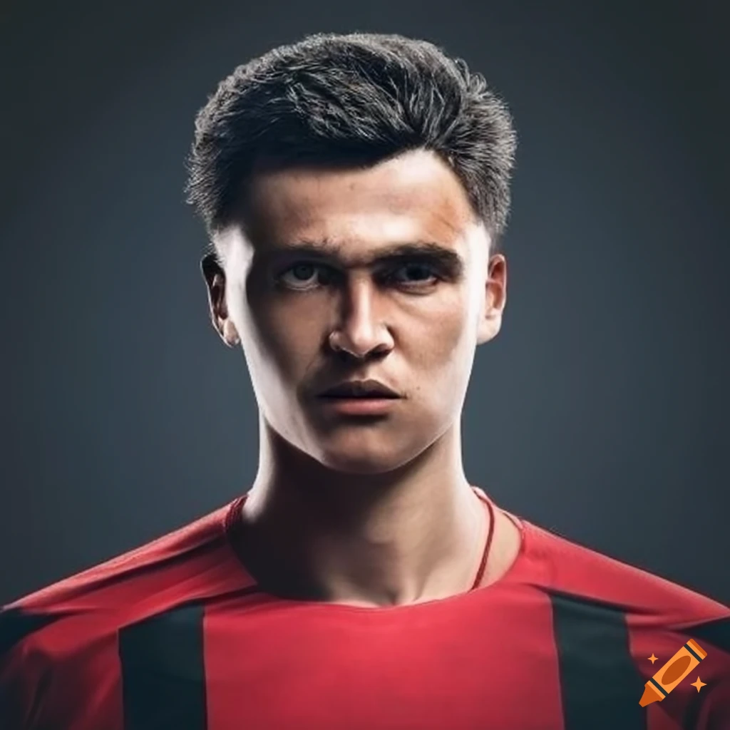 Male European soccer player in red and black striped shirt