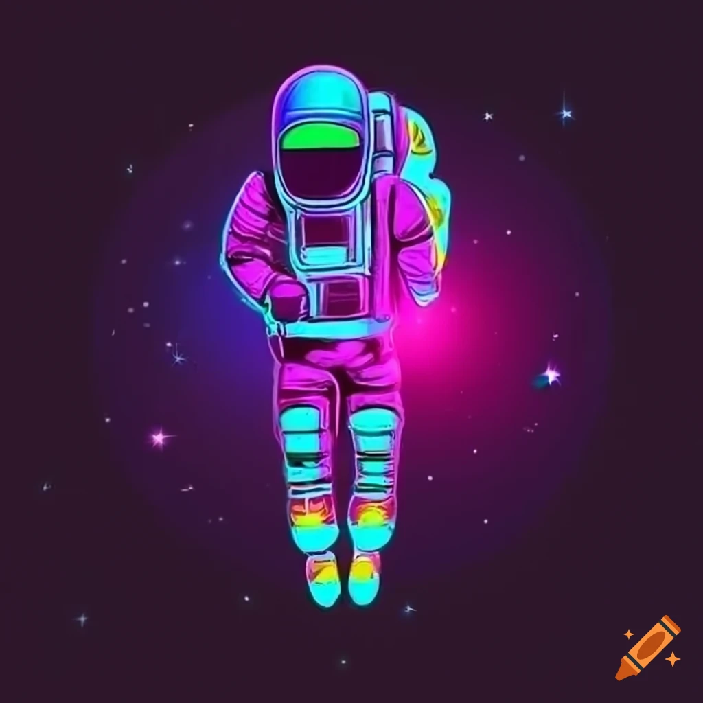 Colorful astronaut reaching out towards a glowing planet in space