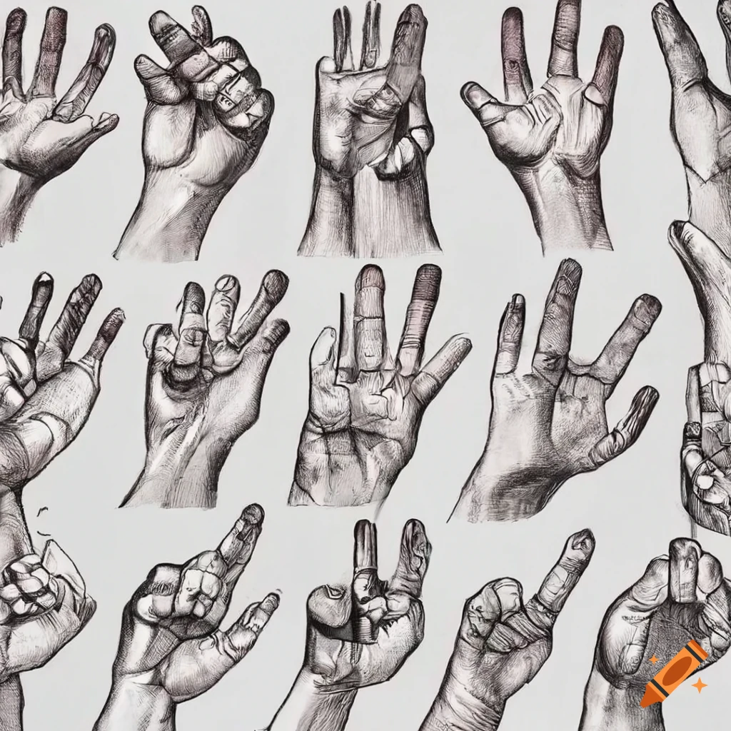Detailed drawing of human hands in creative poses