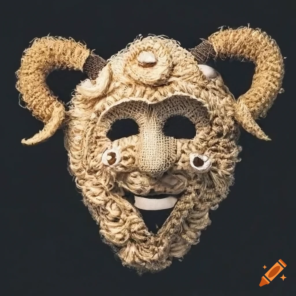 Traditional Calabrian apotropaic masks crocheted in natural raffia with faun and satyr depictions