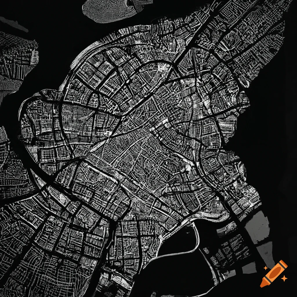 Map of Montpellier city center with Rue de la Croix Verte in the middle, white streets, black background