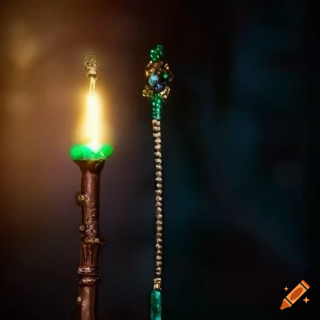 Magical gray staff with phoenix feathers and emerald gemstone
