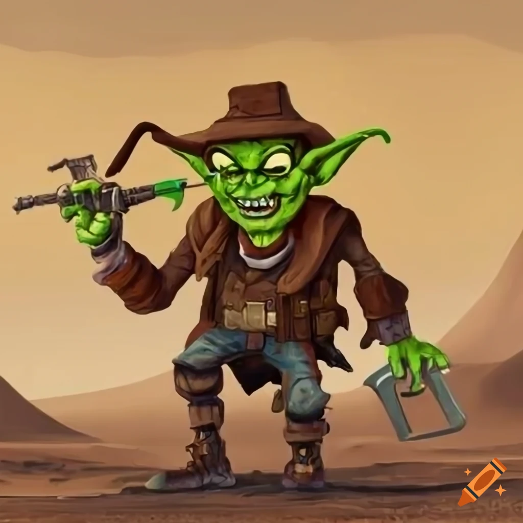 Goblin cowboy with goggles, hat, and laser rifle in a desert wasteland