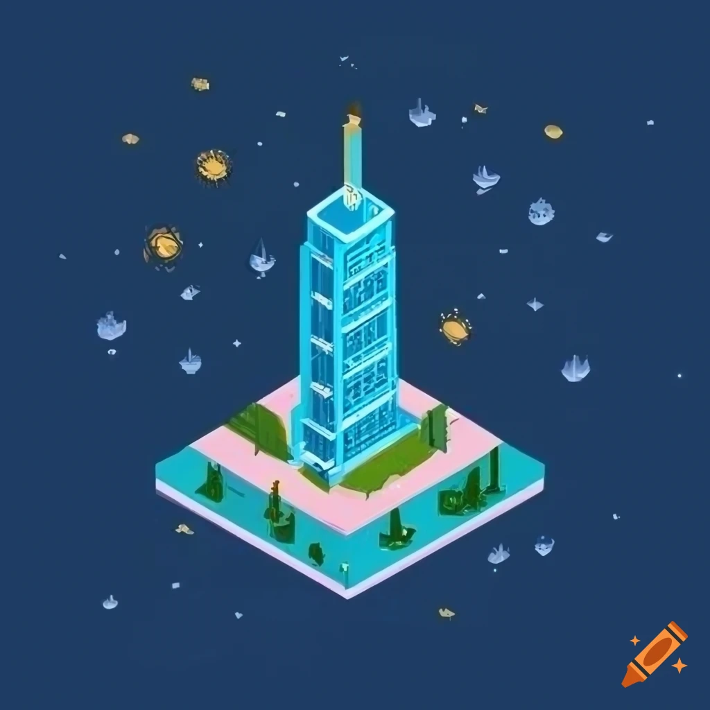 Isometric view of a cityscape with neon lights under a night sky