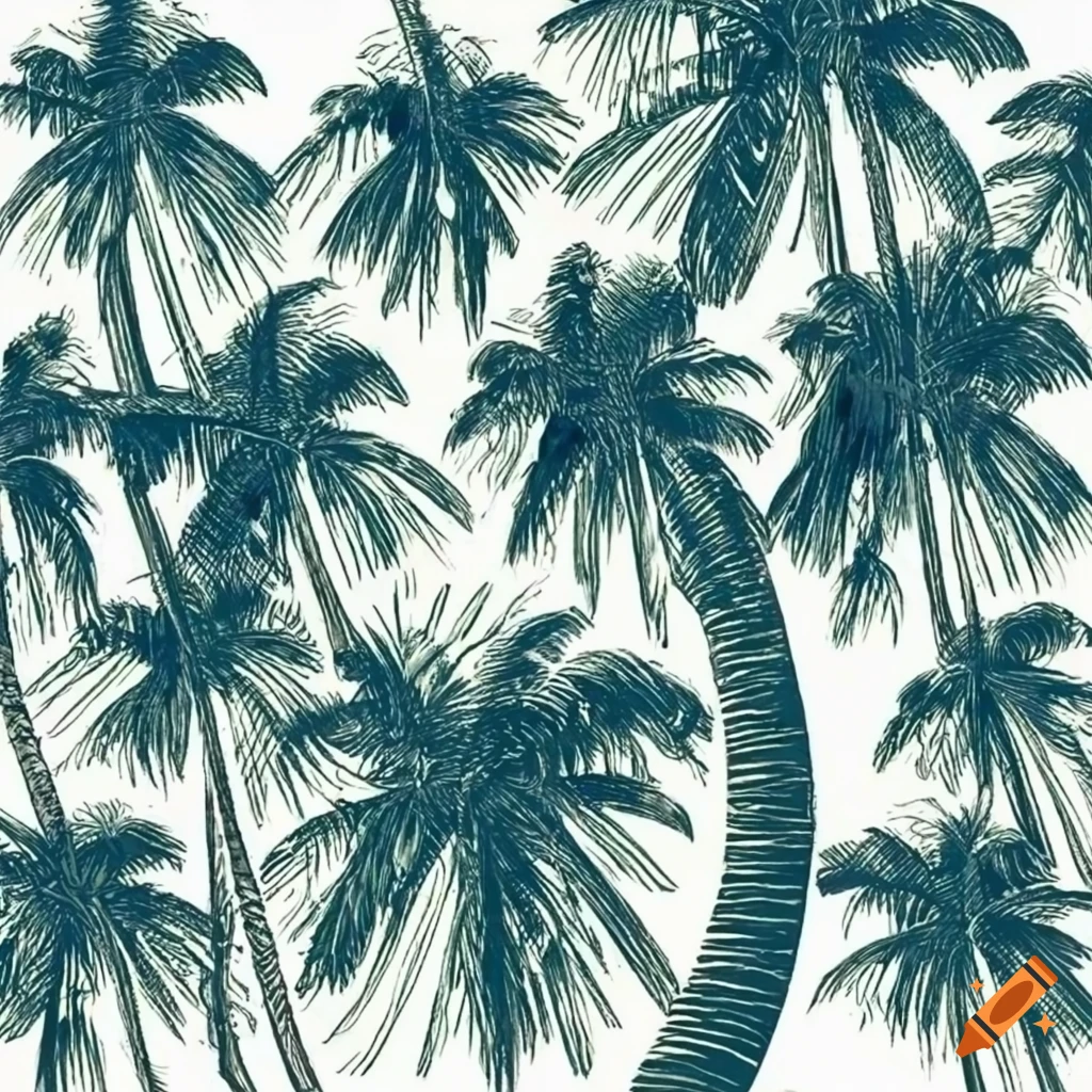 Sketch of a tropical island with a palm tree in vintage style