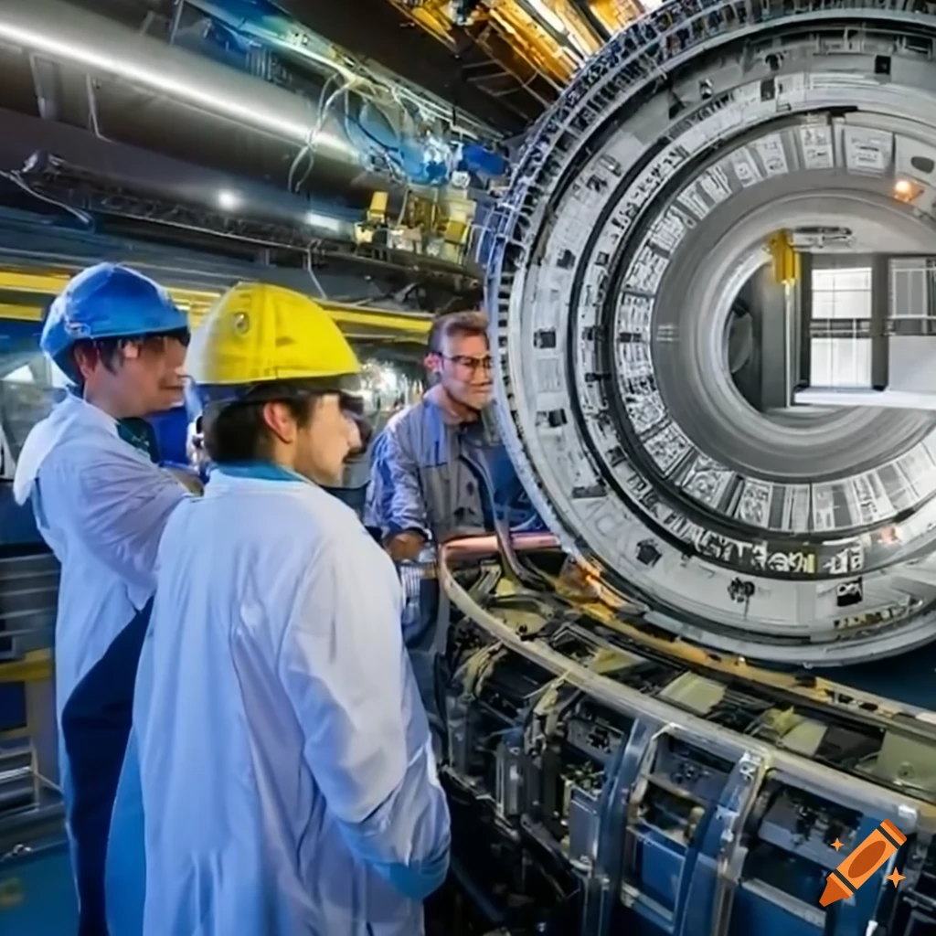 Scientists next to a particle accelerator