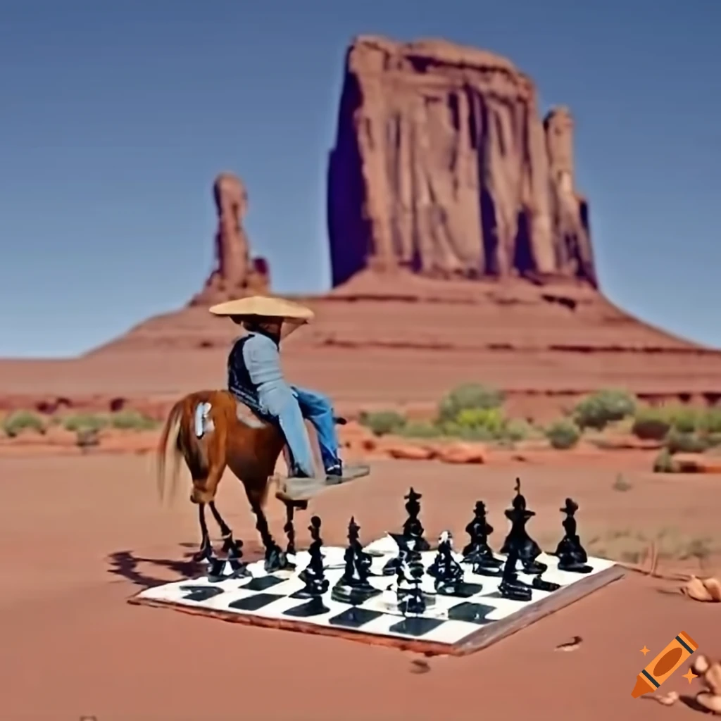 Cowboy and horse playing chess in Monument Valley
