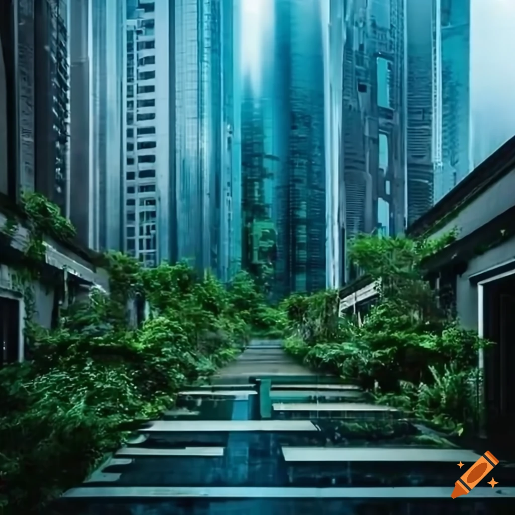 Futuristic city with lush rainforest and skyscrapers under a blue noon sky