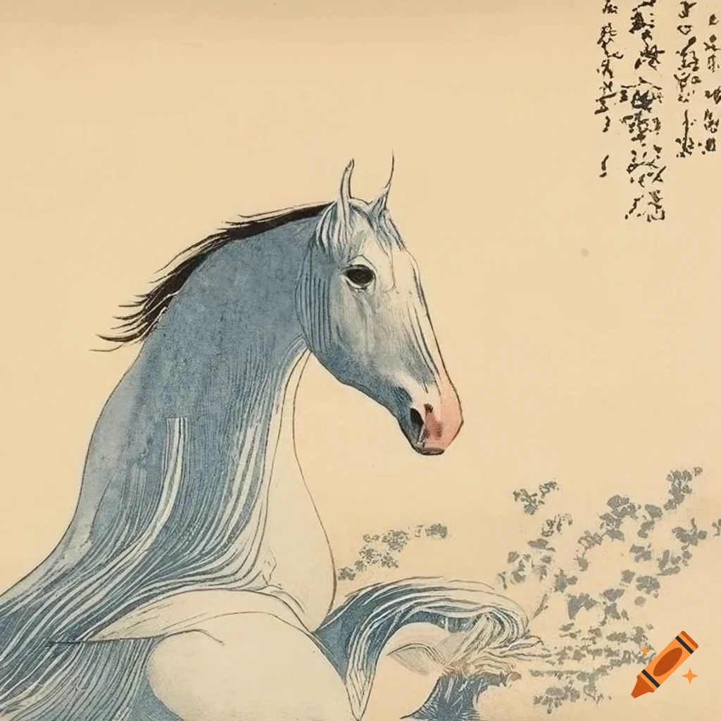 Ukiyo-e woodblock print of a white stallion with shodo inscription