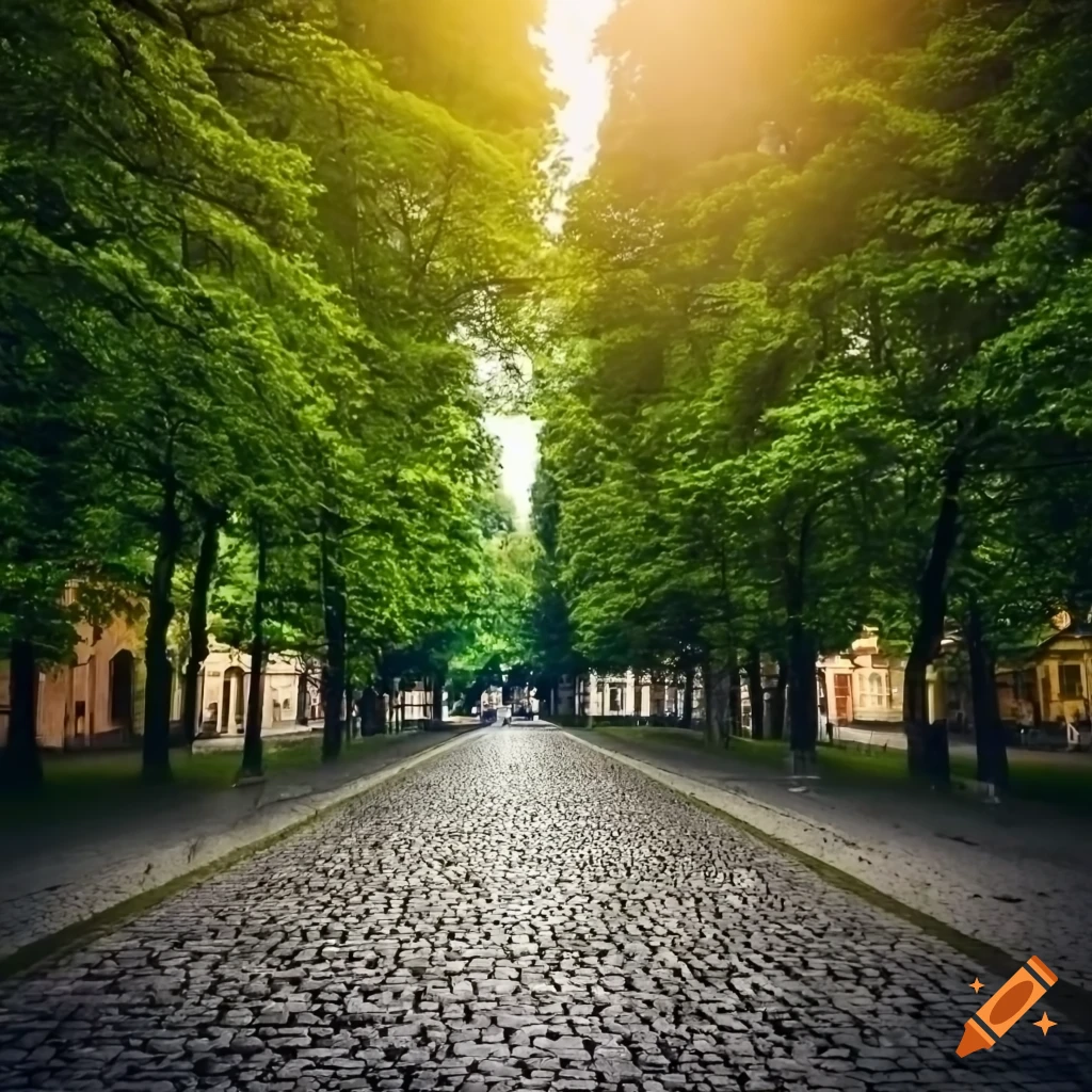 Vibrant Prague streets with lush green trees under a clear blue sky