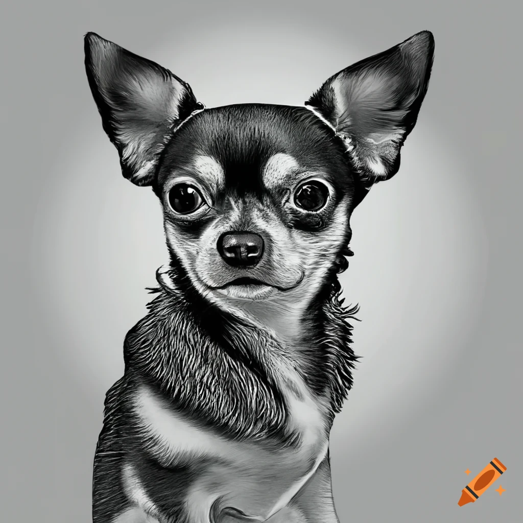 Black and white fineline portrait of a chihuahua for coloring book