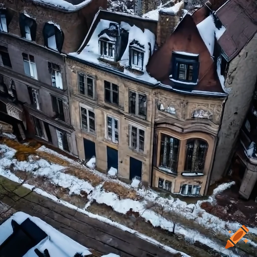 Aerial view of late 1800's European architecture with early Autumn snow and fallen leaves