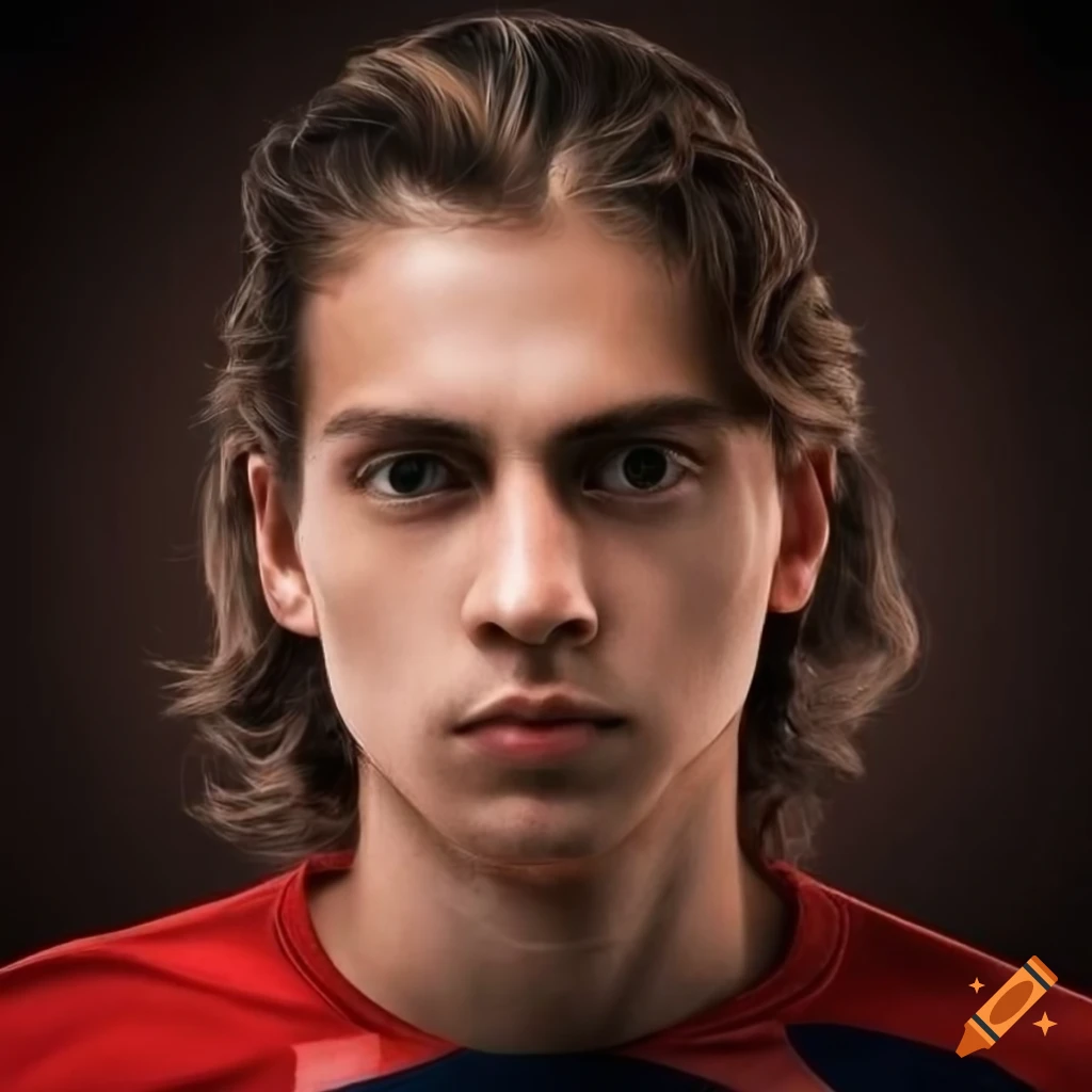 Male Croatian soccer player with long hair in red and black striped shirt