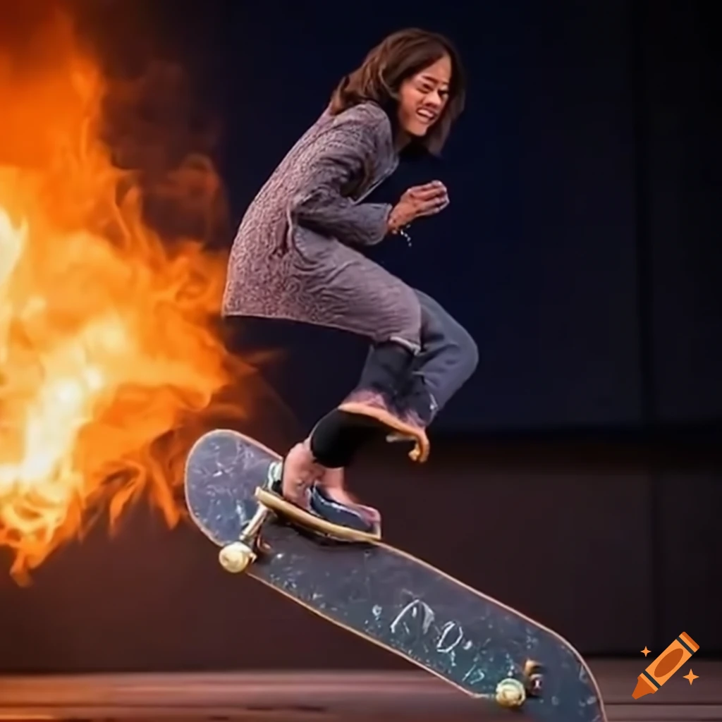 Kamala Harris on a skateboard performing extreme tricks with flames