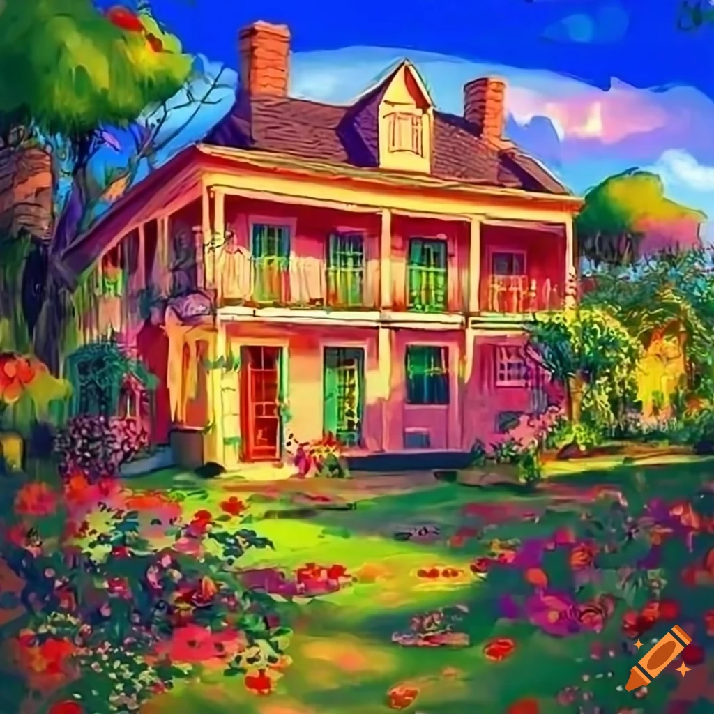 Colonial-style cottage house with a lush garden and flowers in Ghibli style