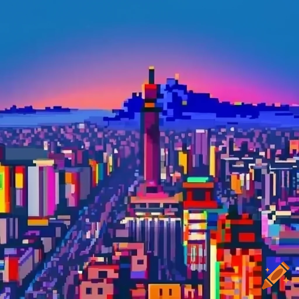 8-bit Mexico City cityscape with vibrant colors