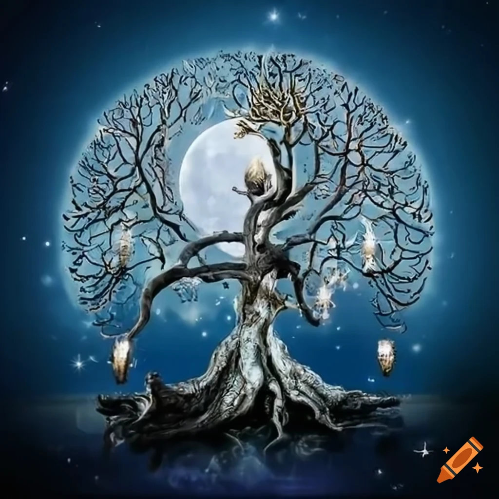 Mythical Tree of Life glowing under the full moon with a silver egg and majestic bird