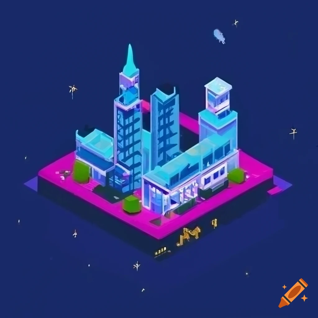 Isometric view of a cityscape with neon lights under a night sky