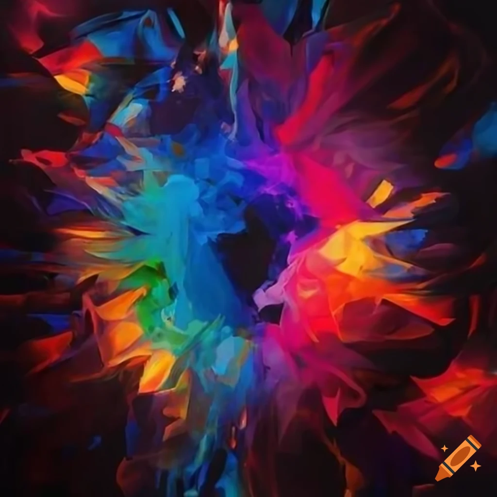 Vibrant abstract painting with water and fire elements in geometric shapes