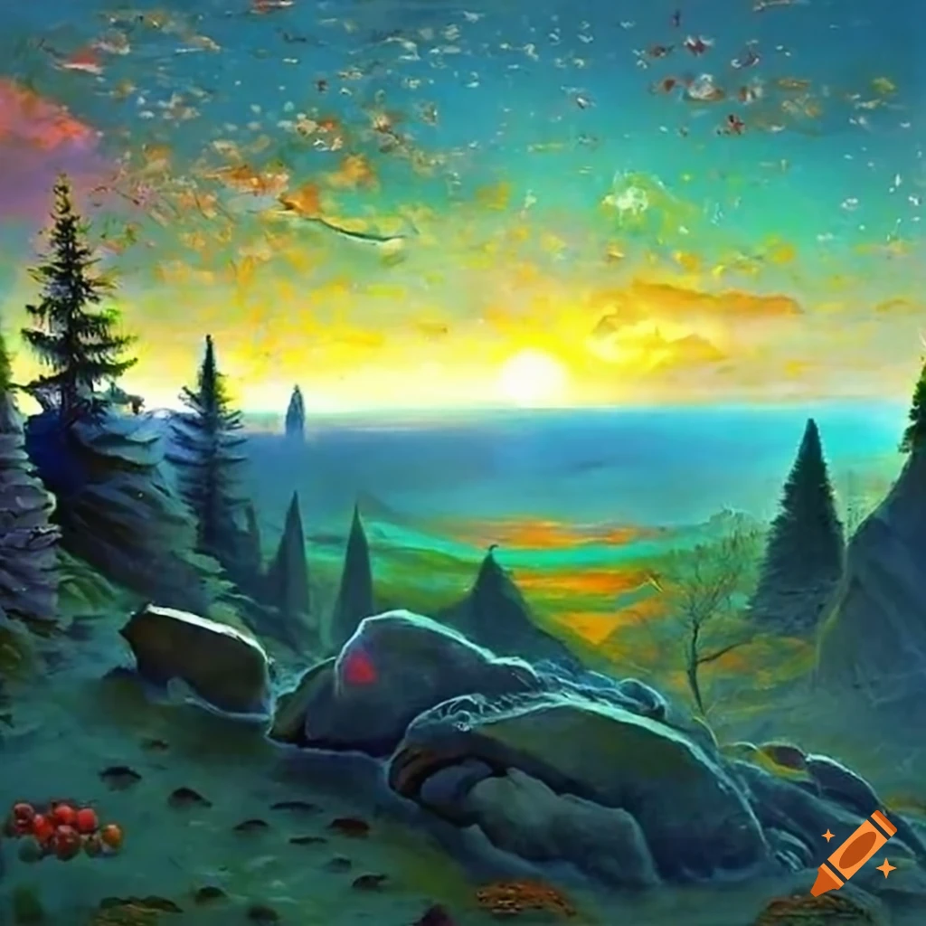 Ethereal panorama blending art styles and fairy tale motifs