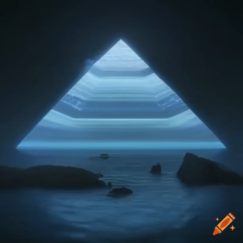 Vaisseau en forme de pyramide flottant verticalement dans le vide spatial