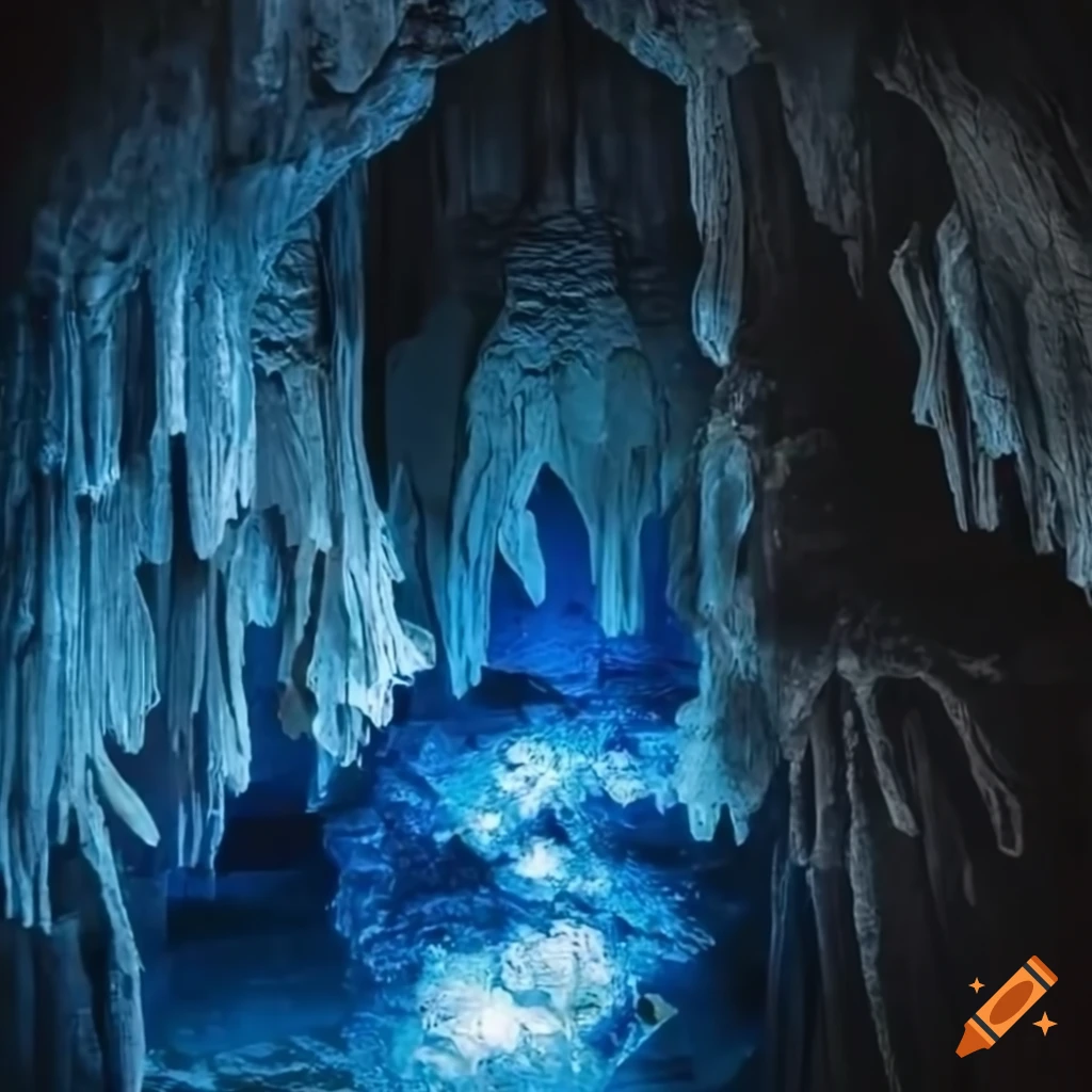 Elden Ring-style cave with mystical blue and white crystals
