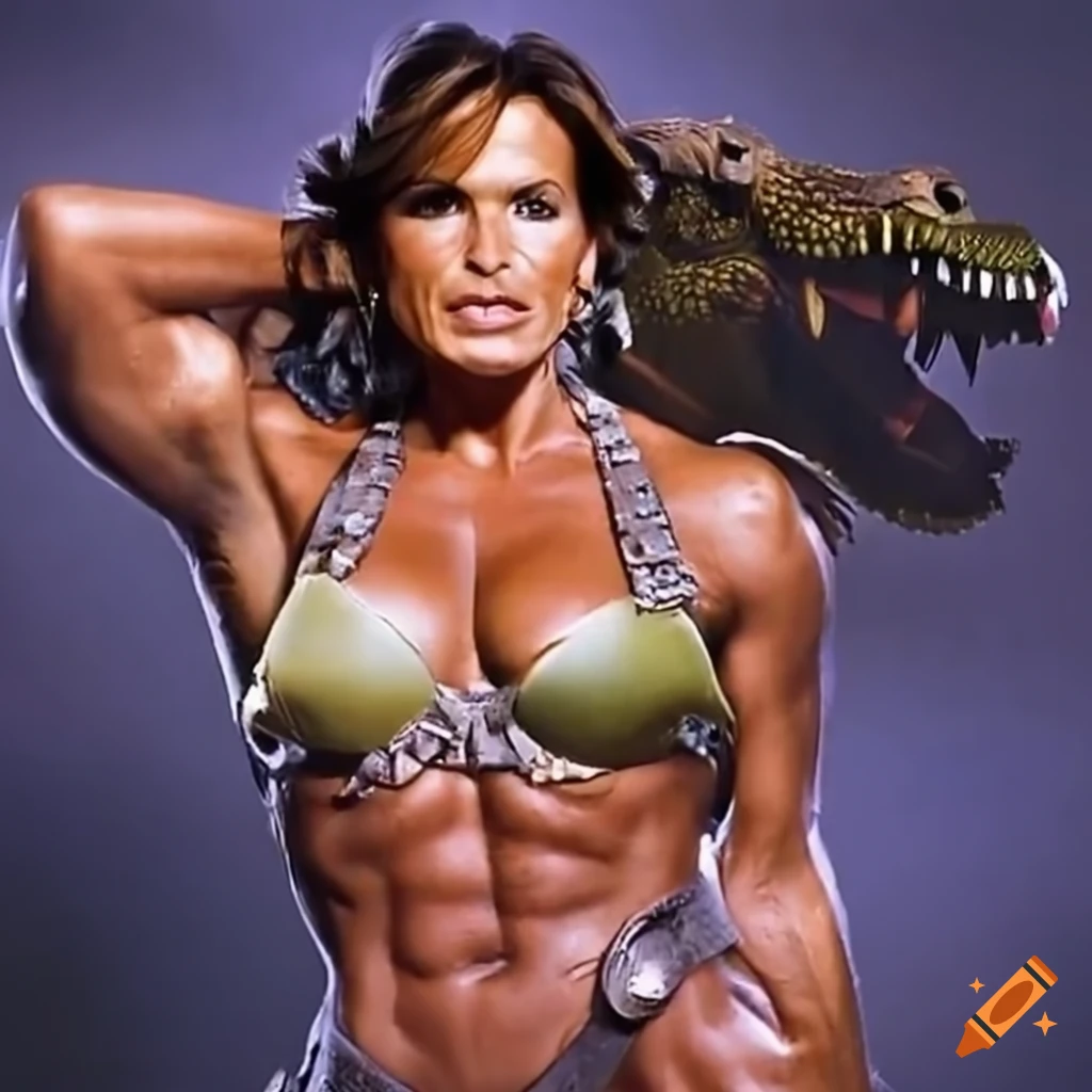 Mariska Hargitay transforming into a heroic crocodile-themed bodybuilder