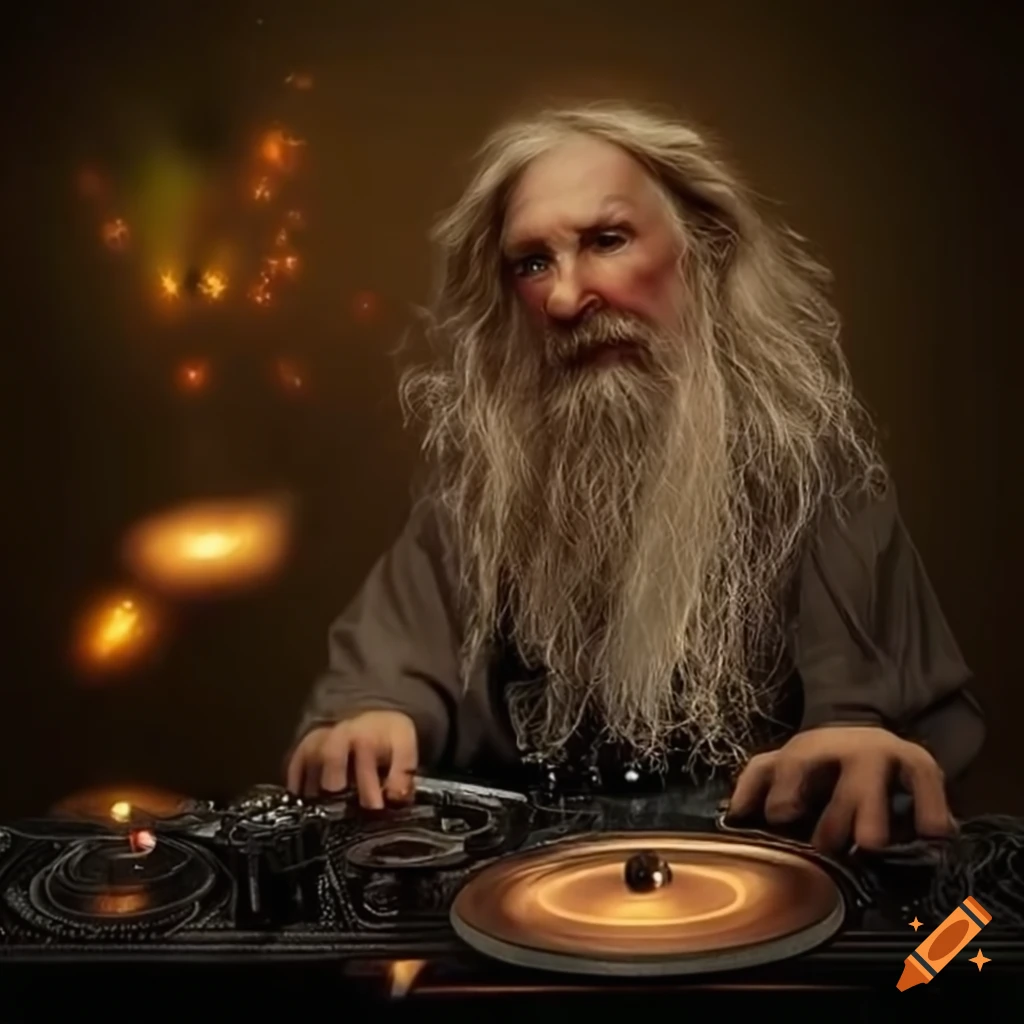 Mystical wizard DJing for woodland beings in a fantasy setting