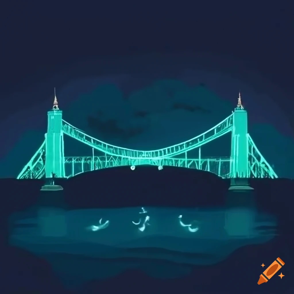 Whimsical and gothic depiction of Portland's iconic bridges with glowing, magical elements and dark clouds