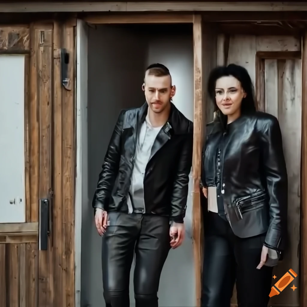 Punk rocker English couple women in black leather outfits standing in barn doorway