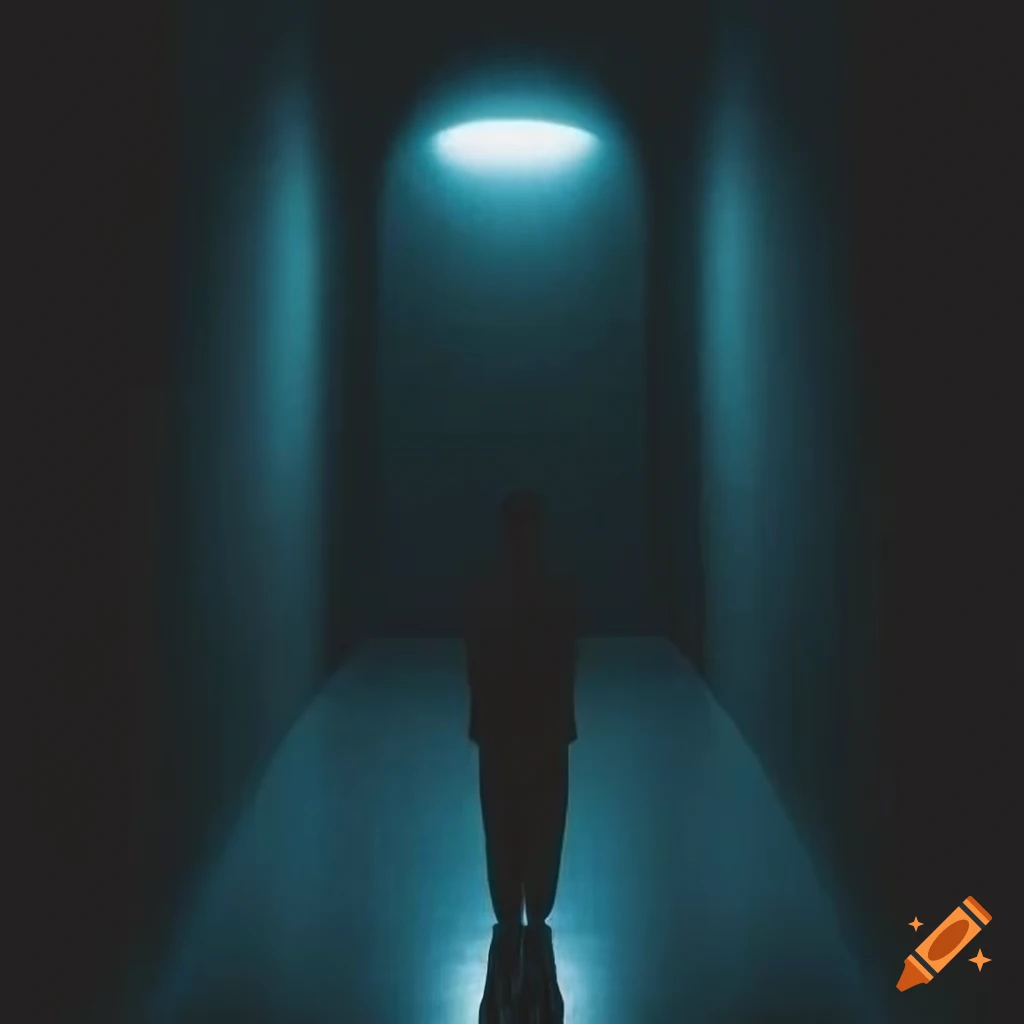 Mysterious black figure at the end of a dark hallway