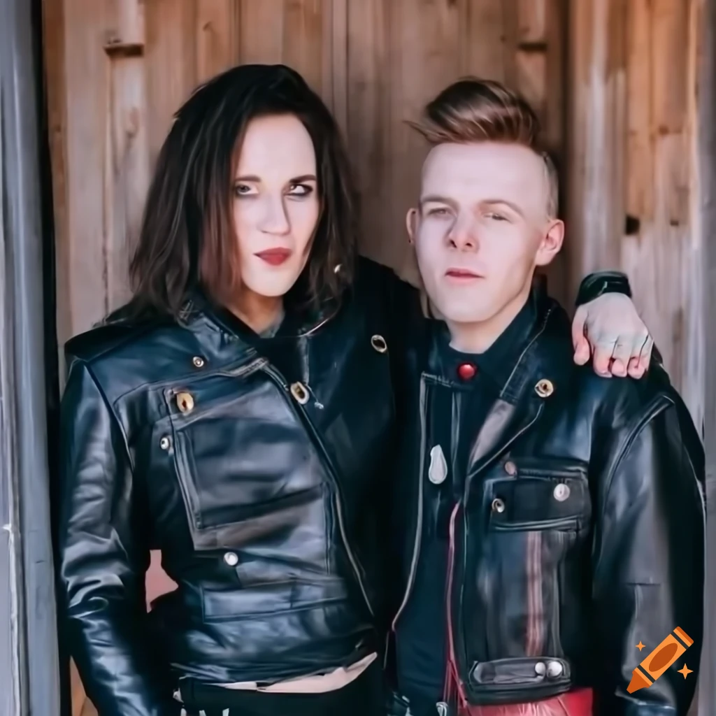 English punk rocker women in black leather attire standing in a barn doorway