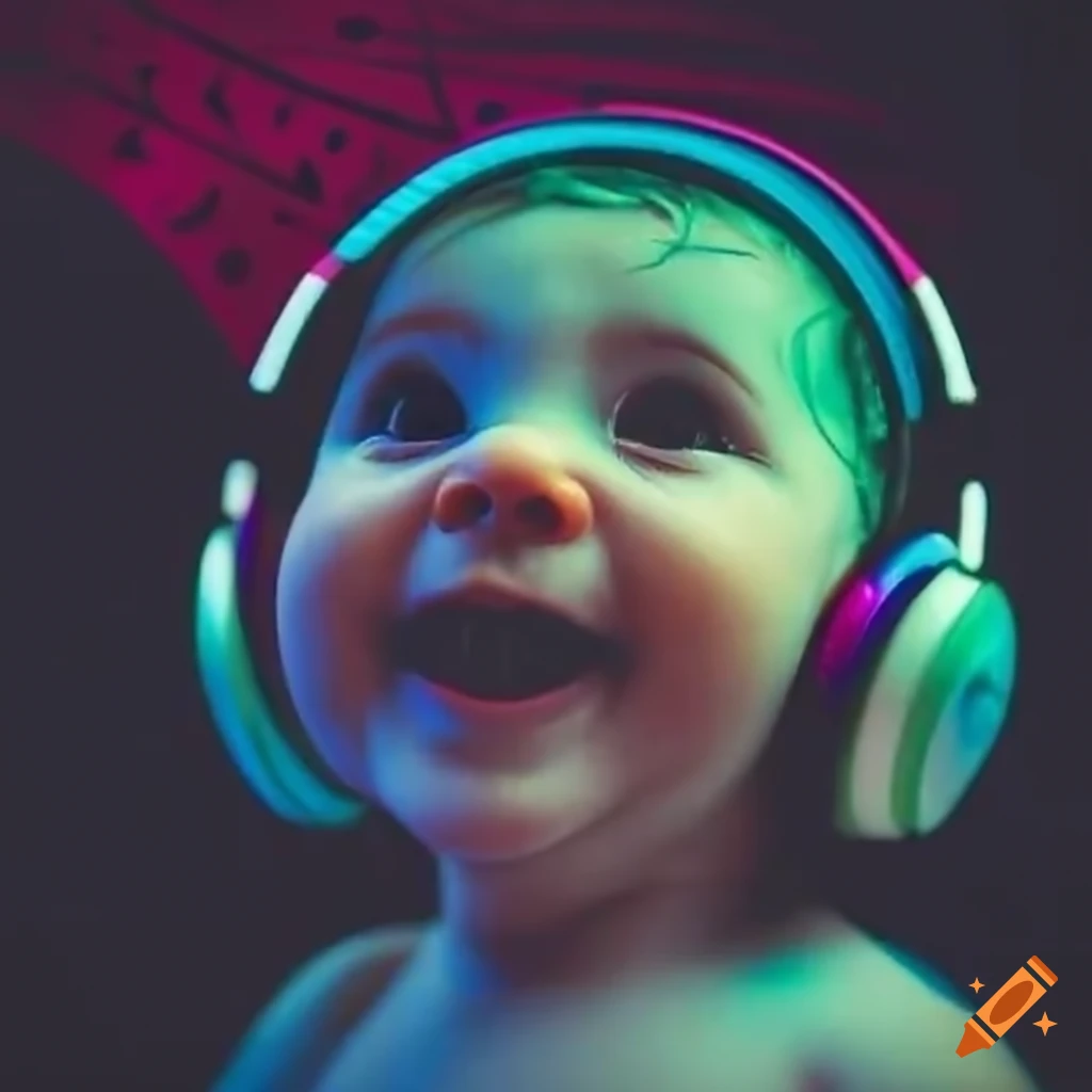 Adorable baby smiling with oversized headphones and music notes