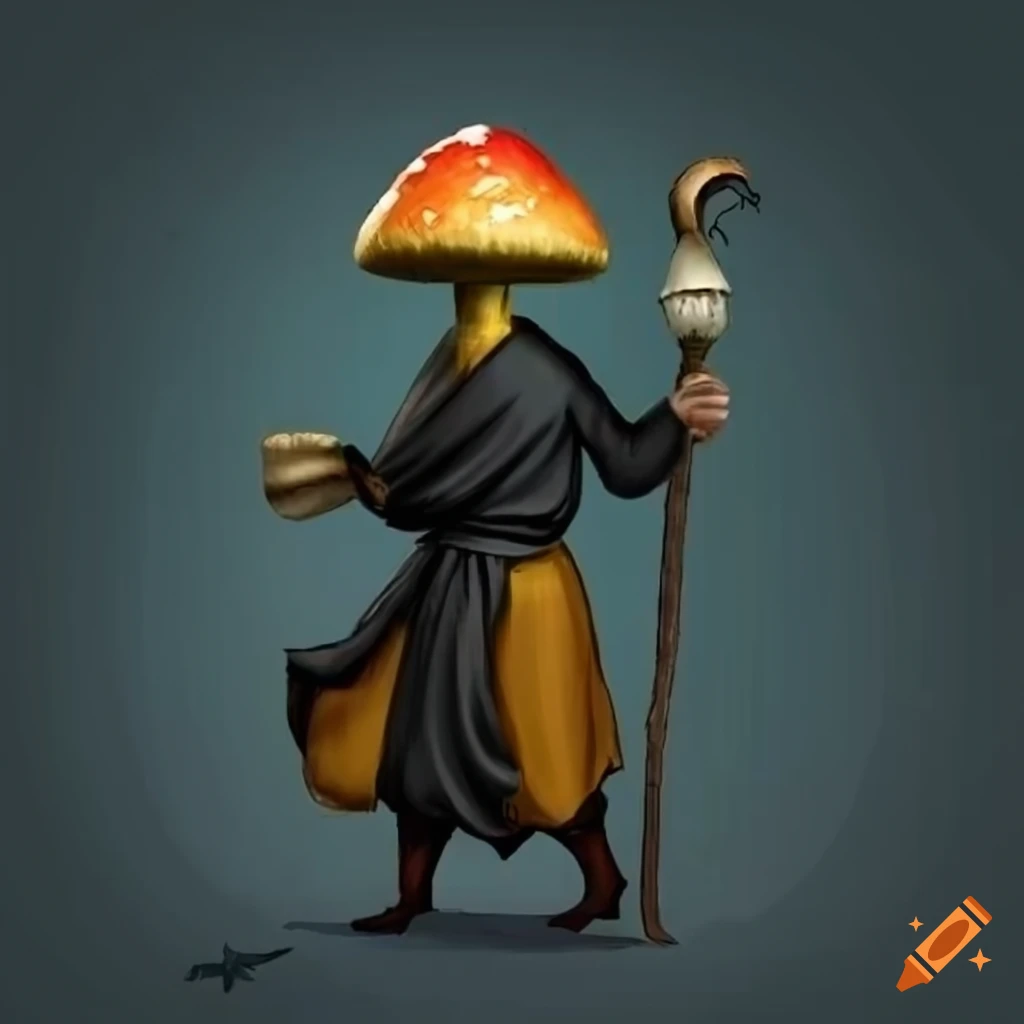 Mysterious monk with a mushroom head in black robes holding a Bo staff